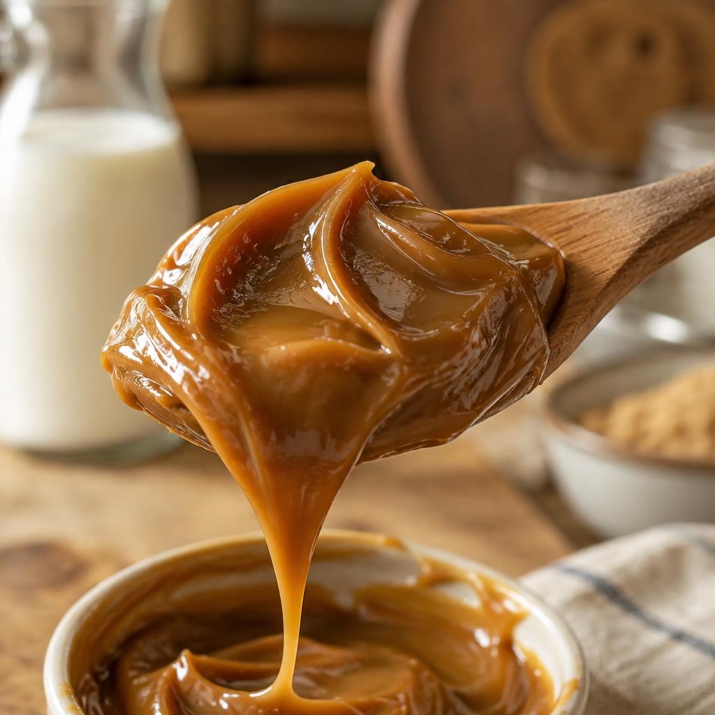 Colher de madeira cheia de doce de leite cremoso escorrendo