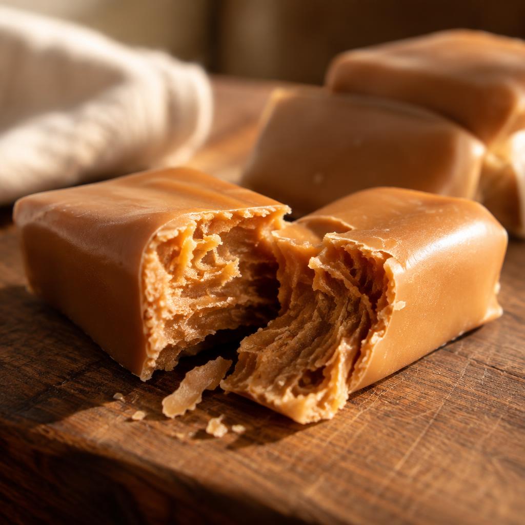 Bala de doce de leite artesanal partida ao meio sobre tábua de madeira